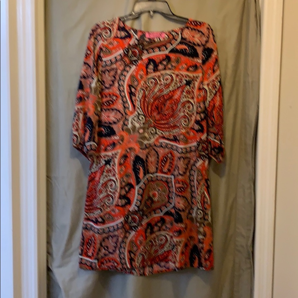 EUC Almost Pink Orange/Black print shift dress
